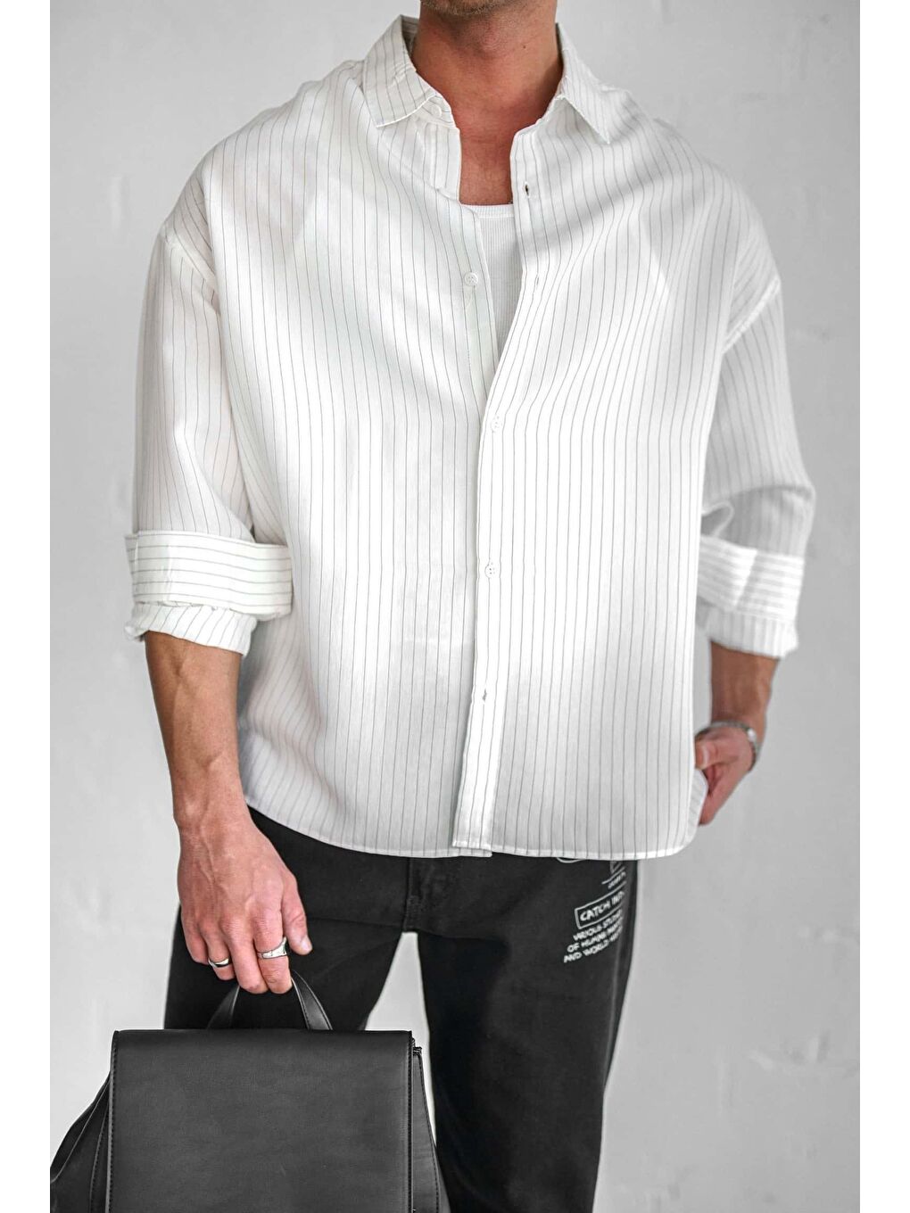 Erkek Rahat Kesim Çizgili Modal Gömlek Beyaz-2