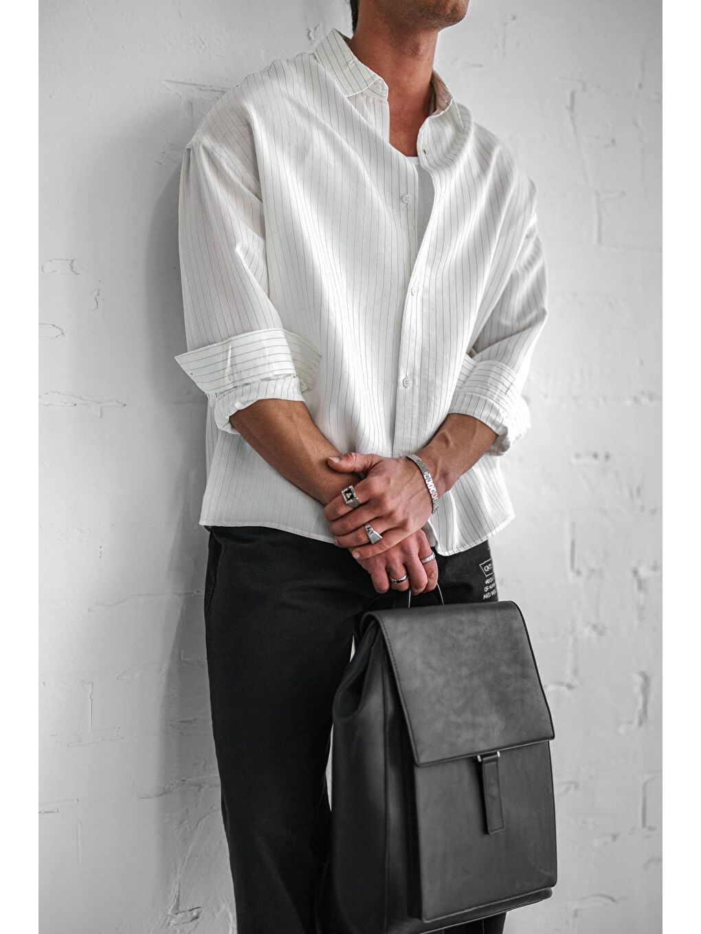 Erkek Rahat Kesim Çizgili Modal Gömlek Beyaz-3