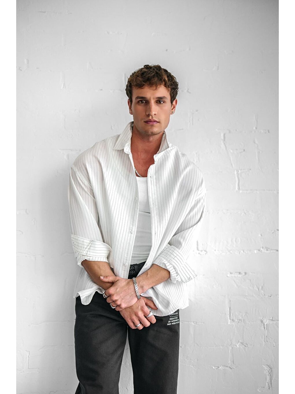 Erkek Rahat Kesim Çizgili Modal Gömlek Beyaz-6