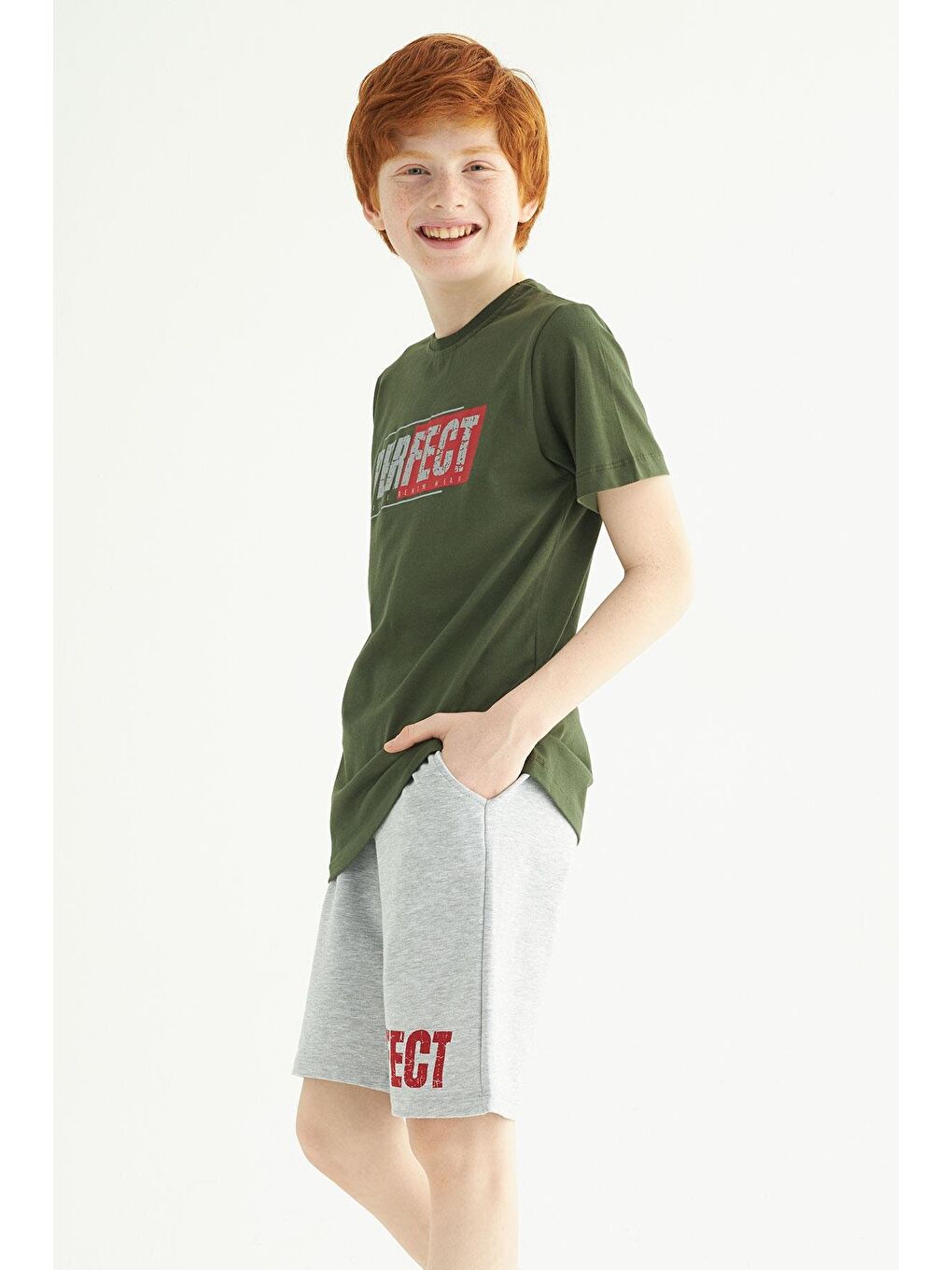 Kısa Kol Yazı Baskılı Haki Gri Renk Erkek Çocuk Kaprili Takım-1