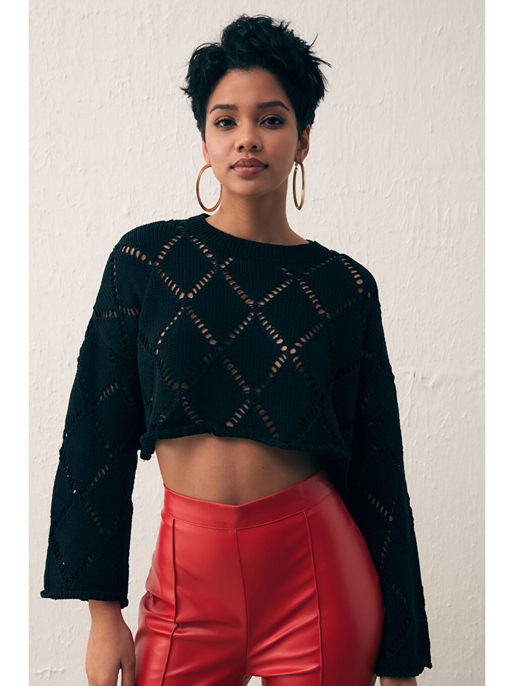 Ajurlu Crop Triko - Siyah