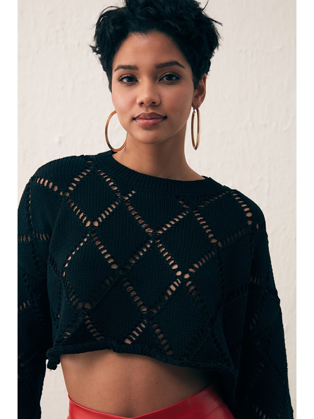 Ajurlu Crop Triko - Siyah-2