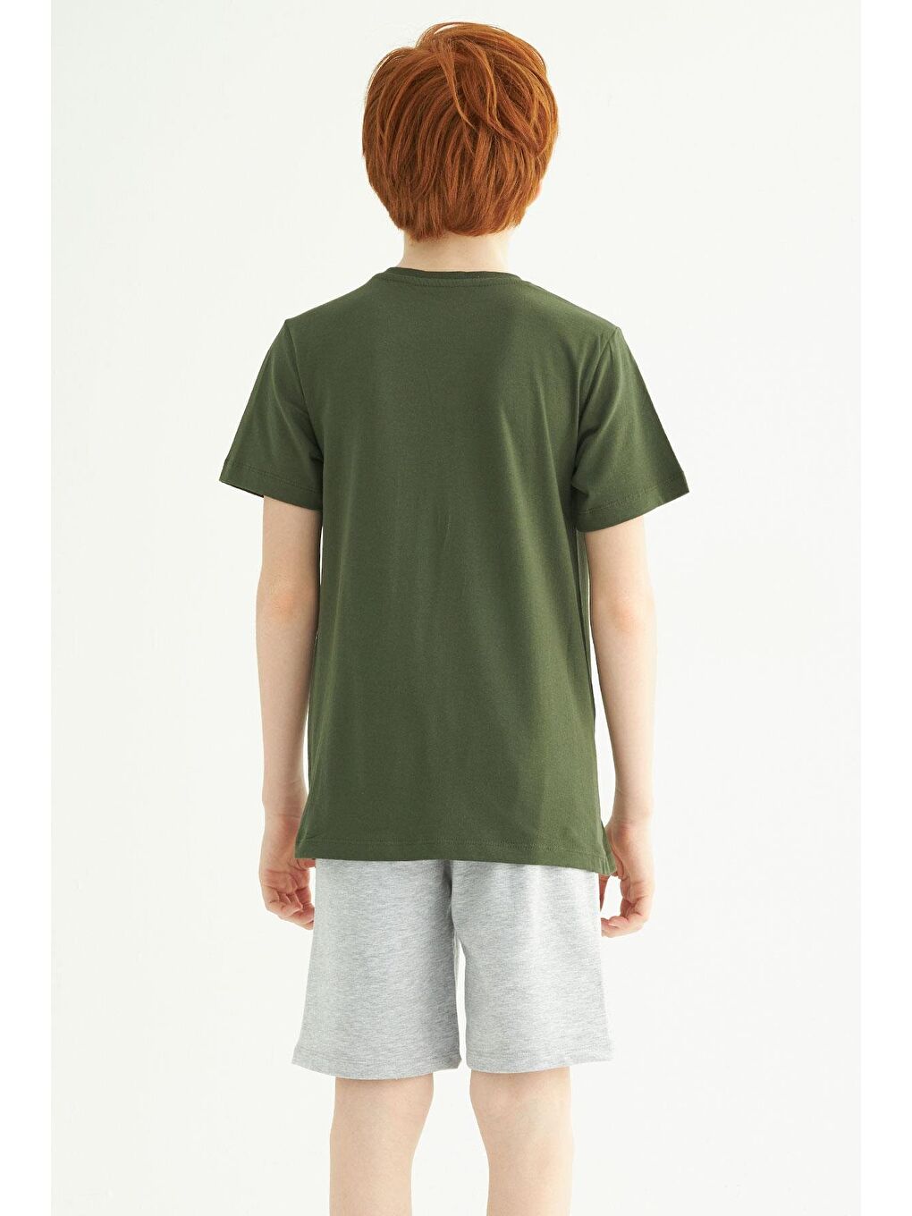 Kısa Kol Yazı Baskılı Haki Gri Renk Erkek Çocuk Kaprili Takım-3