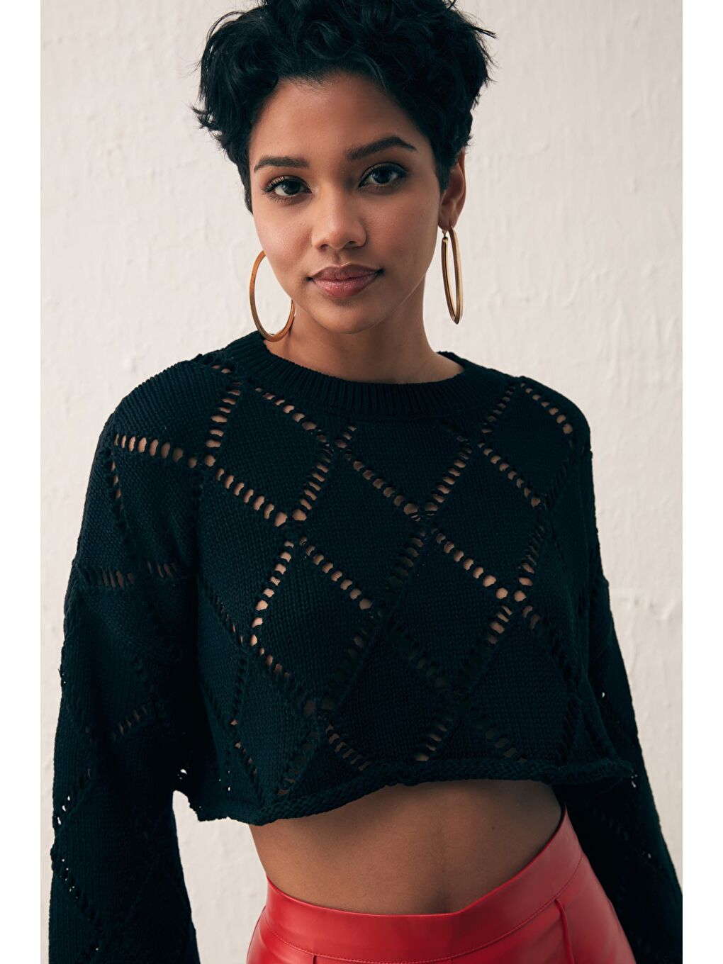 Ajurlu Crop Triko - Siyah-3