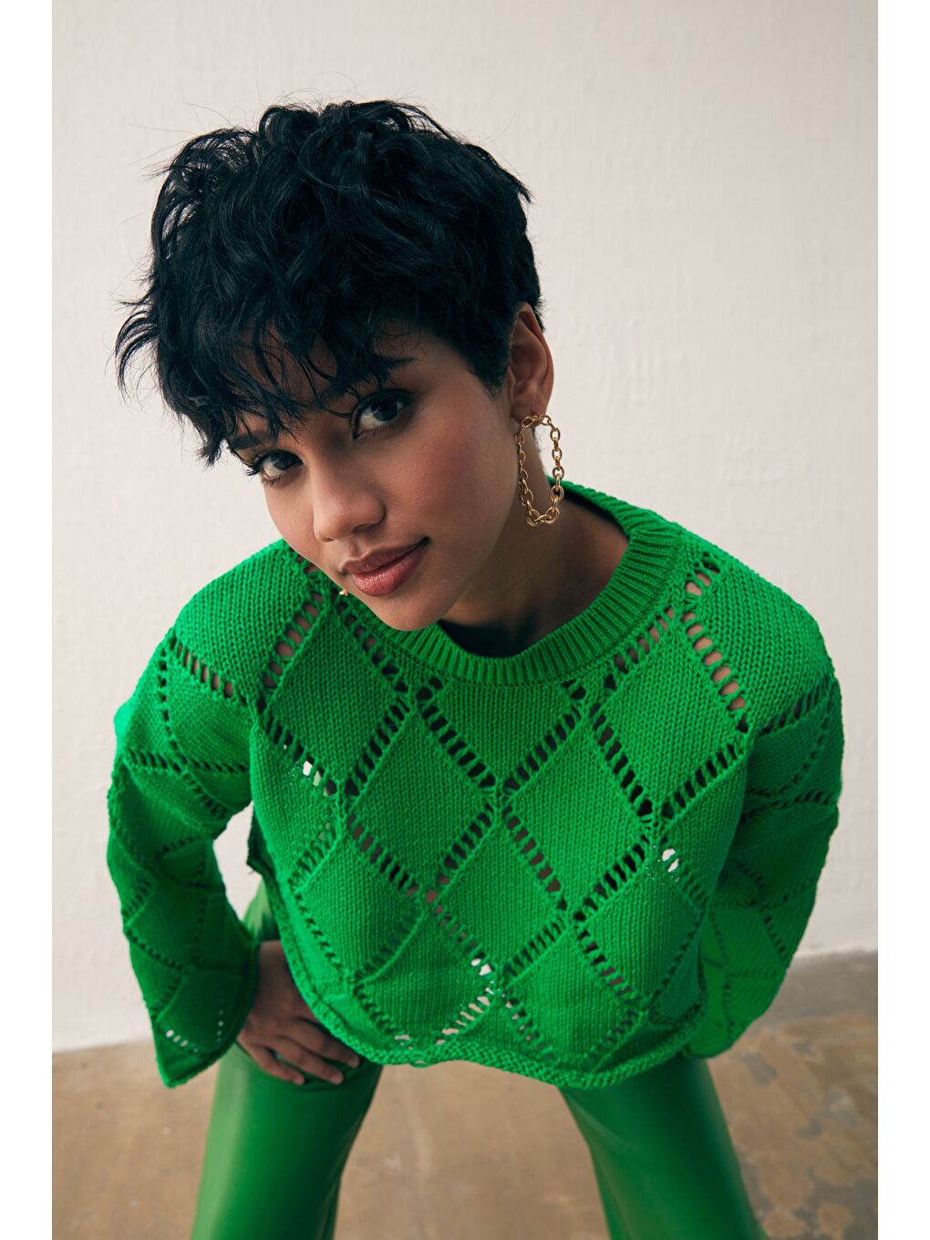 Ajurlu Crop Triko - Yeşil-1