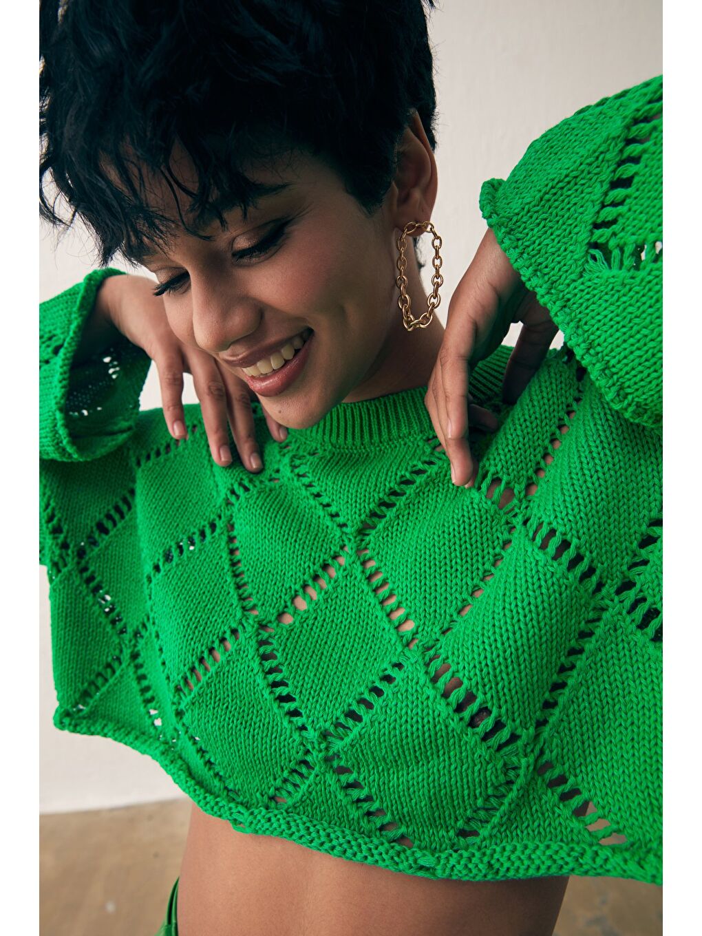 Ajurlu Crop Triko - Yeşil-2