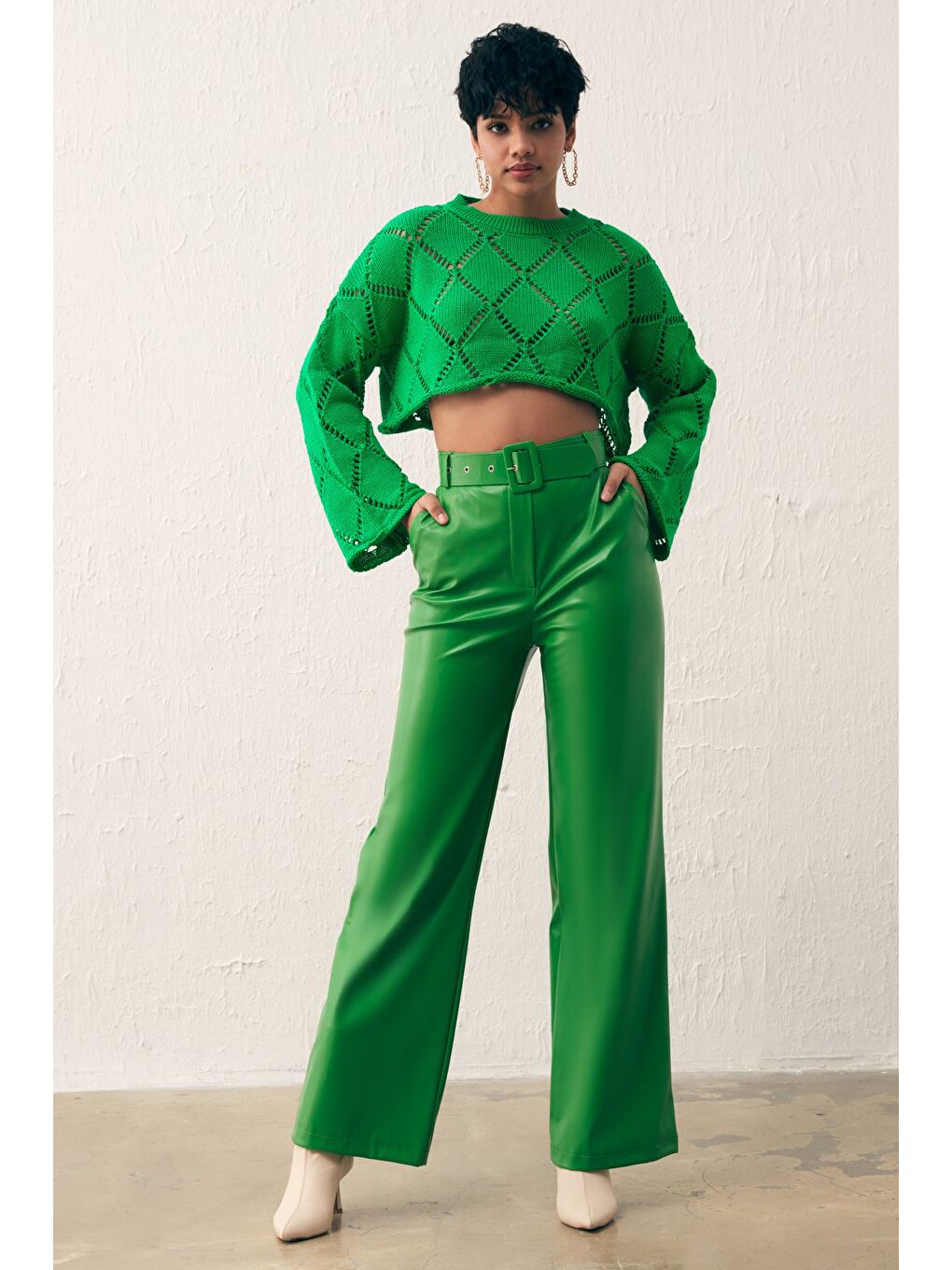 Ajurlu Crop Triko - Yeşil-3