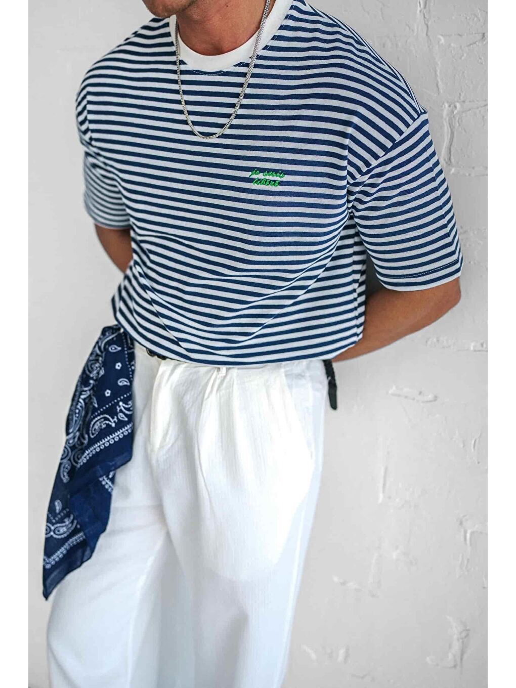 Erkek Oversize Çizgili Rahat Tişört Mavi