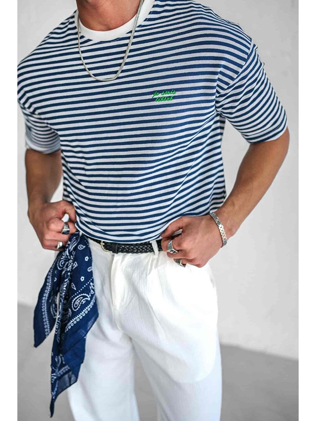 Erkek Oversize Çizgili Rahat Tişört Mavi-1
