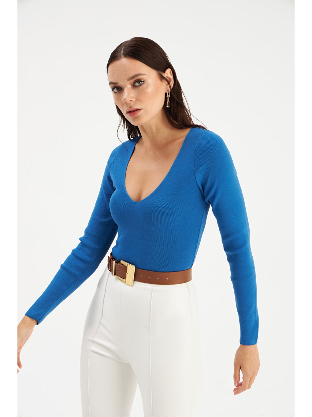 V Yaka Crop Triko - İndigo