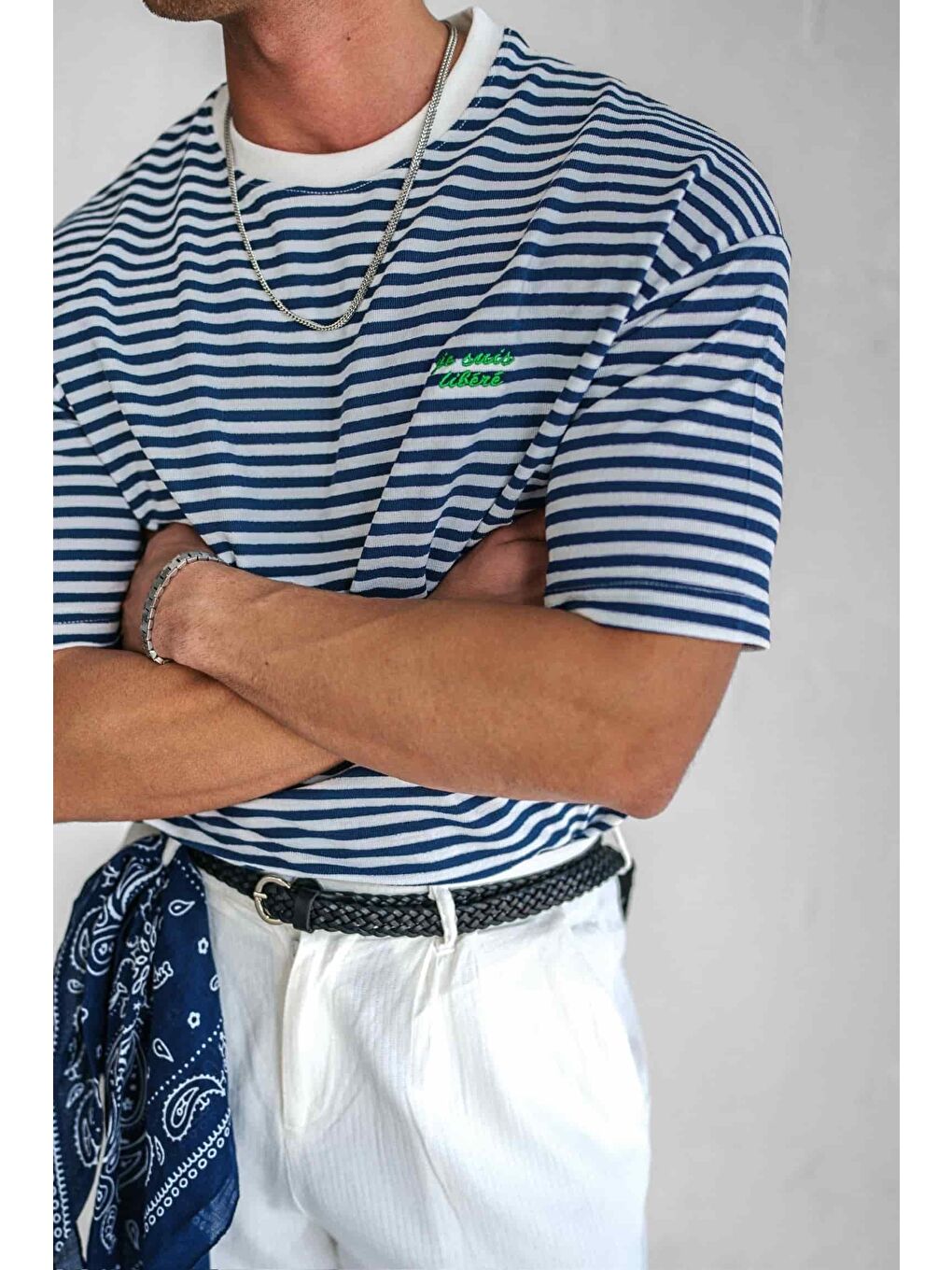 Erkek Oversize Çizgili Rahat Tişört Mavi-2