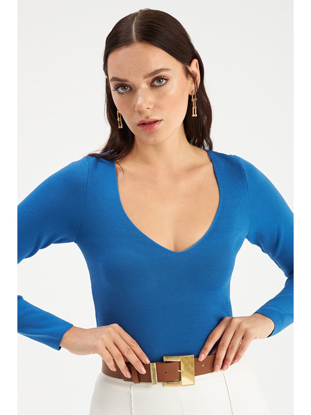 V Yaka Crop Triko - İndigo-1