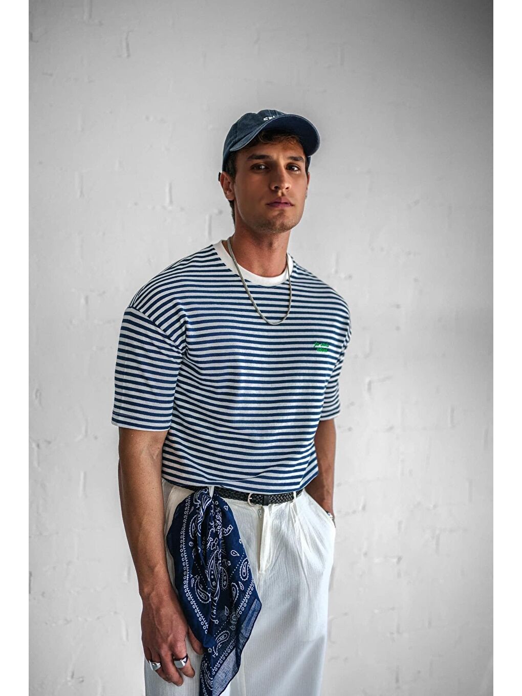Erkek Oversize Çizgili Rahat Tişört Mavi-3