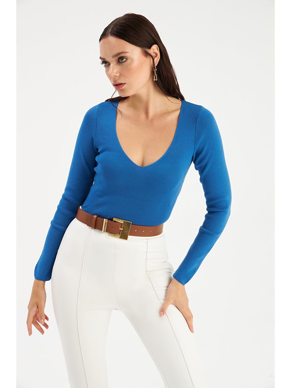 V Yaka Crop Triko - İndigo-2