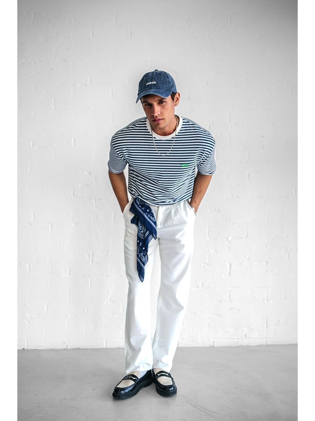 Erkek Oversize Çizgili Rahat Tişört Mavi-4