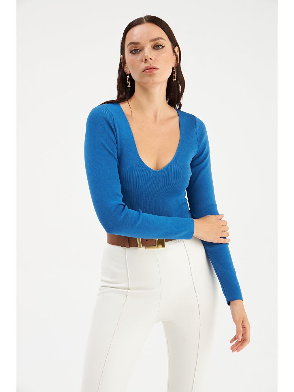 V Yaka Crop Triko - İndigo-3