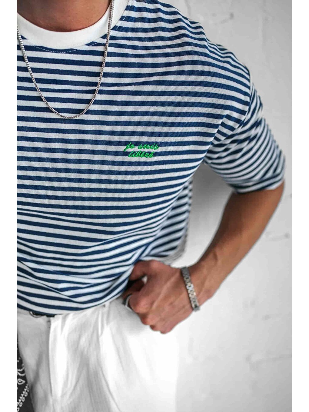 Erkek Oversize Çizgili Rahat Tişört Mavi-5