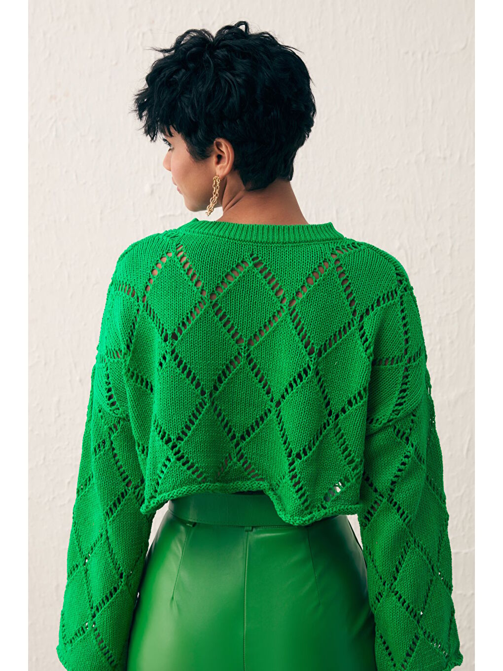 Ajurlu Crop Triko - Yeşil-4