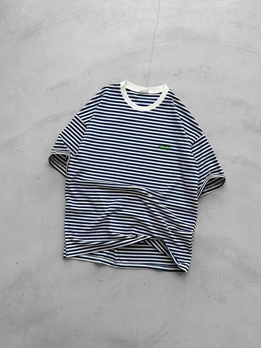 Erkek Oversize Çizgili Rahat Tişört Mavi-6