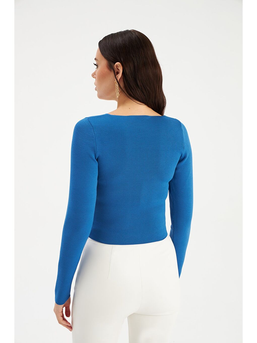 V Yaka Crop Triko - İndigo-5