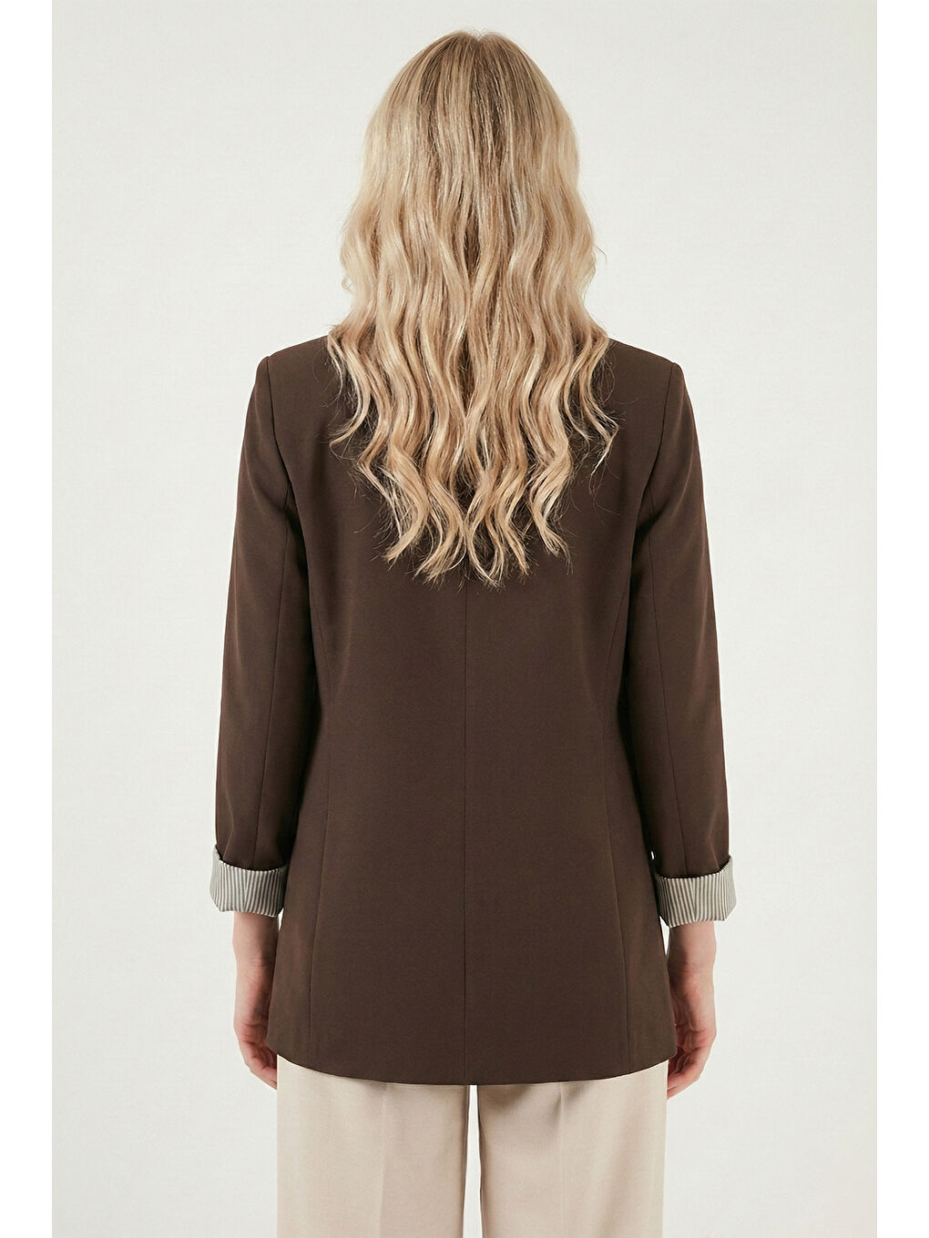 Kahverengi Regular Fit Kruvaze Yaka Desenli Astarlı Kadın Ceket 6927624-6