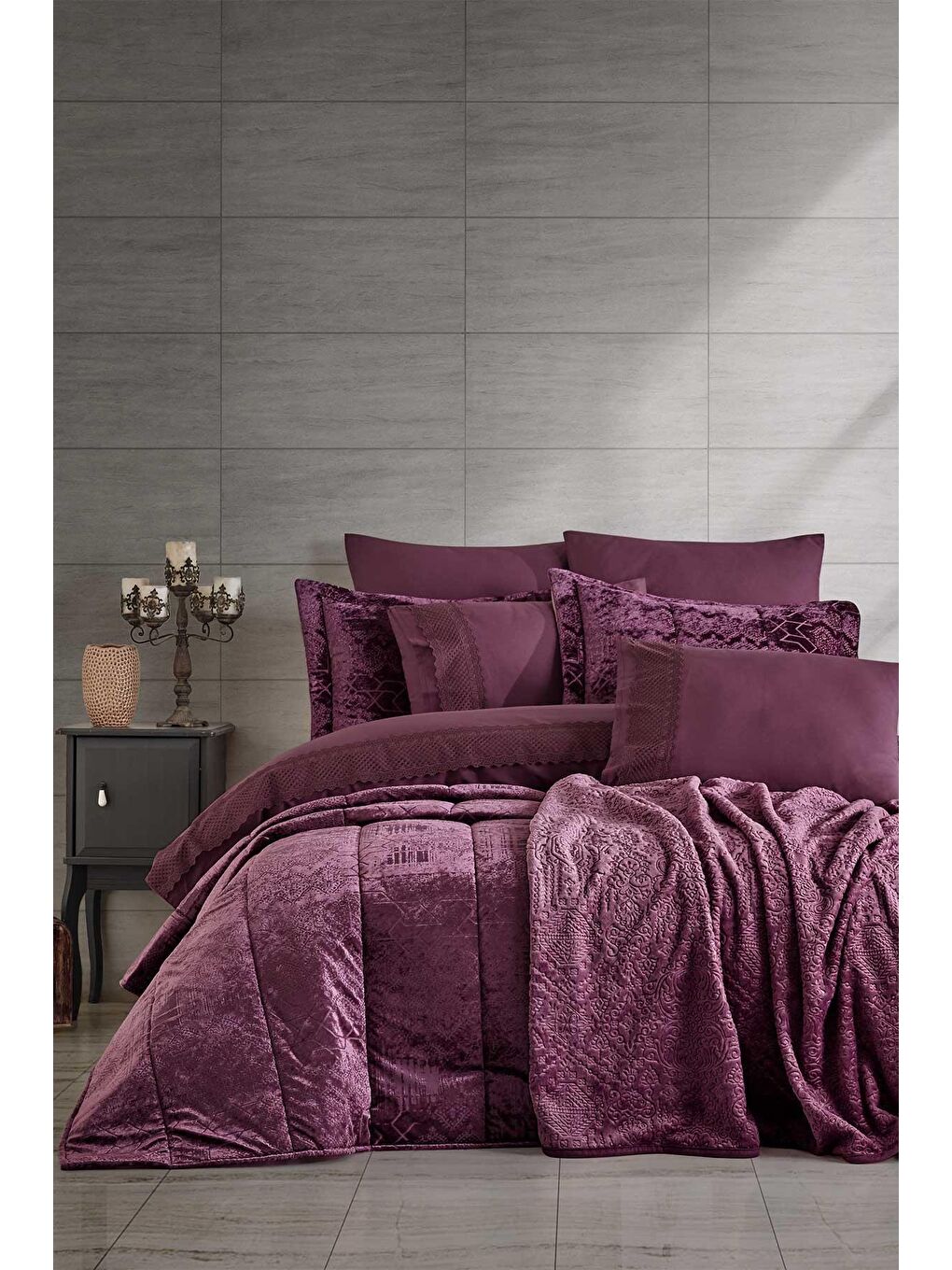 Yatak Örtüsü Takımı Çift Kişilik 3 Parça Nüans Mürdüm