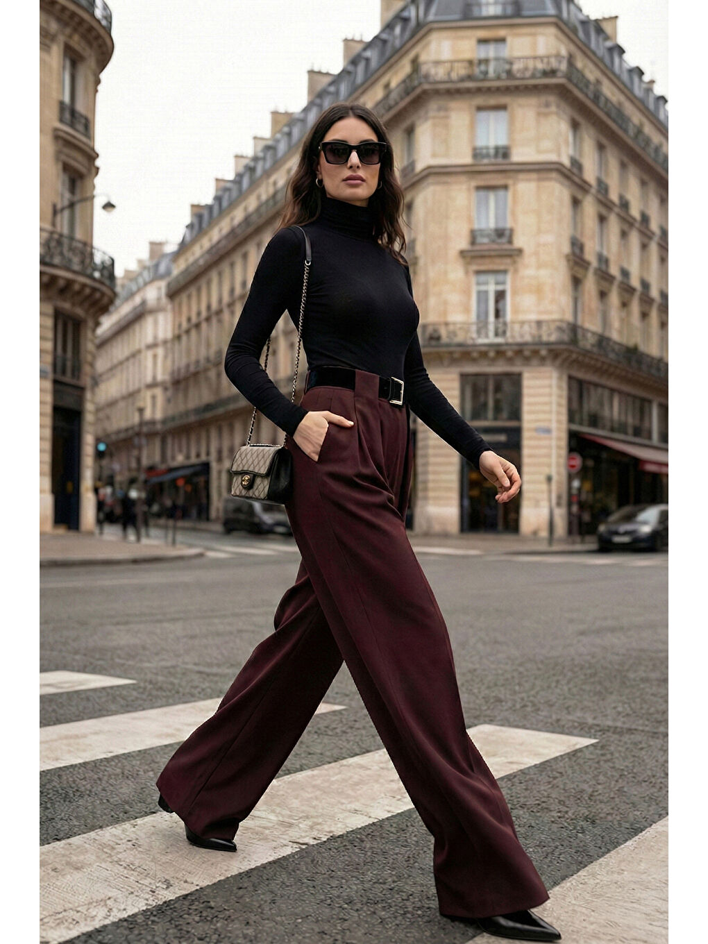 Mürdüm Wide Leg Yüksek Bel Bol Paça Kemer Detaylı Kadın Pantolon 6923855