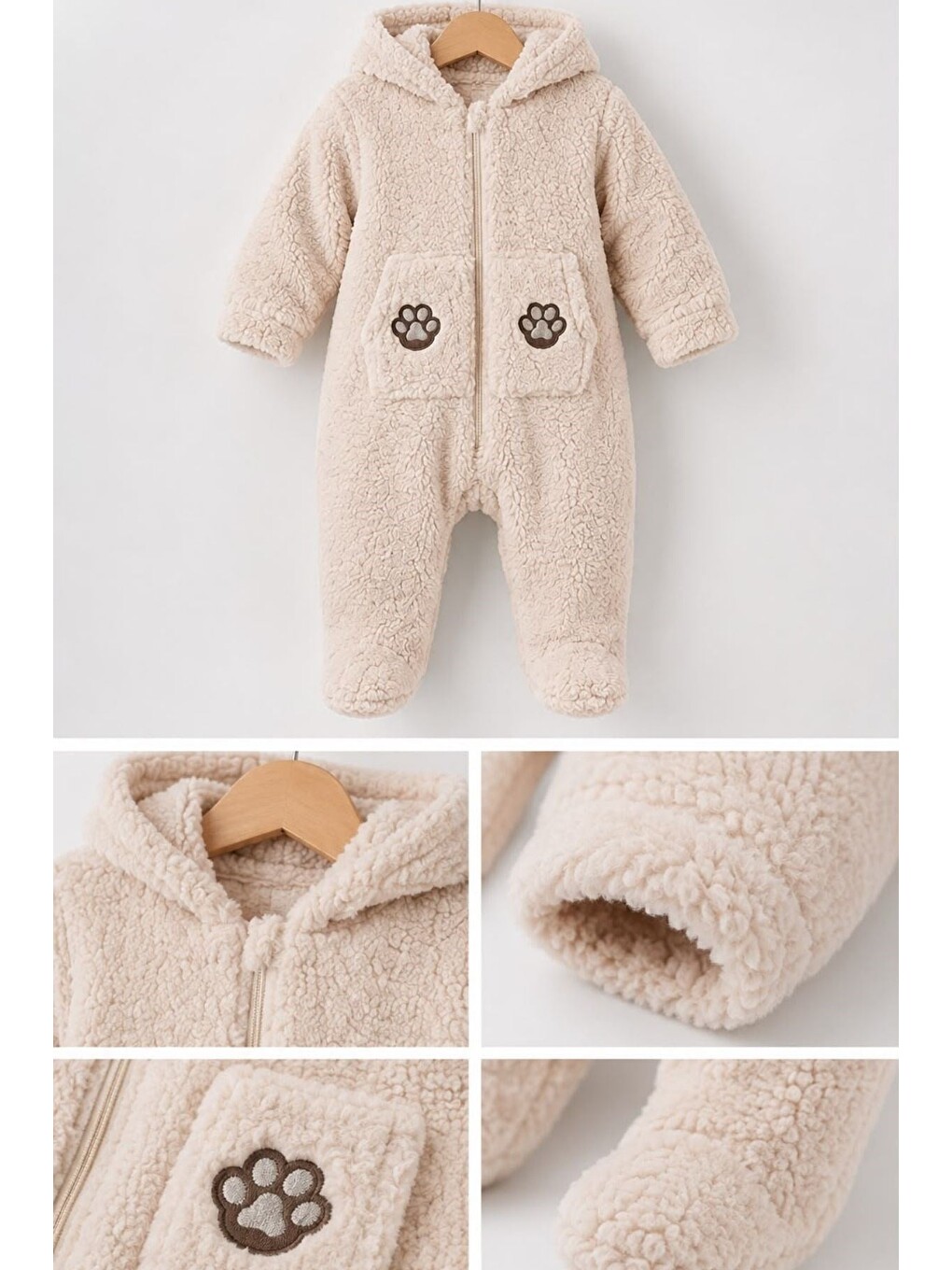Ekru Kulaklı Kapüşonlu İçi Astarlı Wellsoft Bebek Tulumu - Pati Detaylı-1