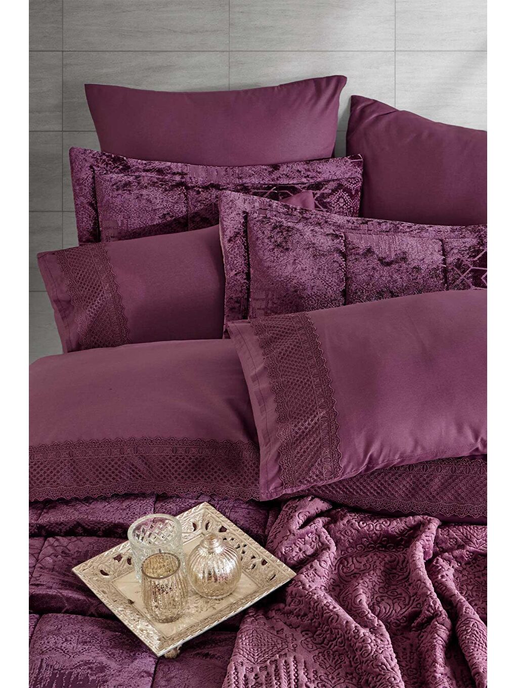 Yatak Örtüsü Takımı Çift Kişilik 3 Parça Nüans Mürdüm-1