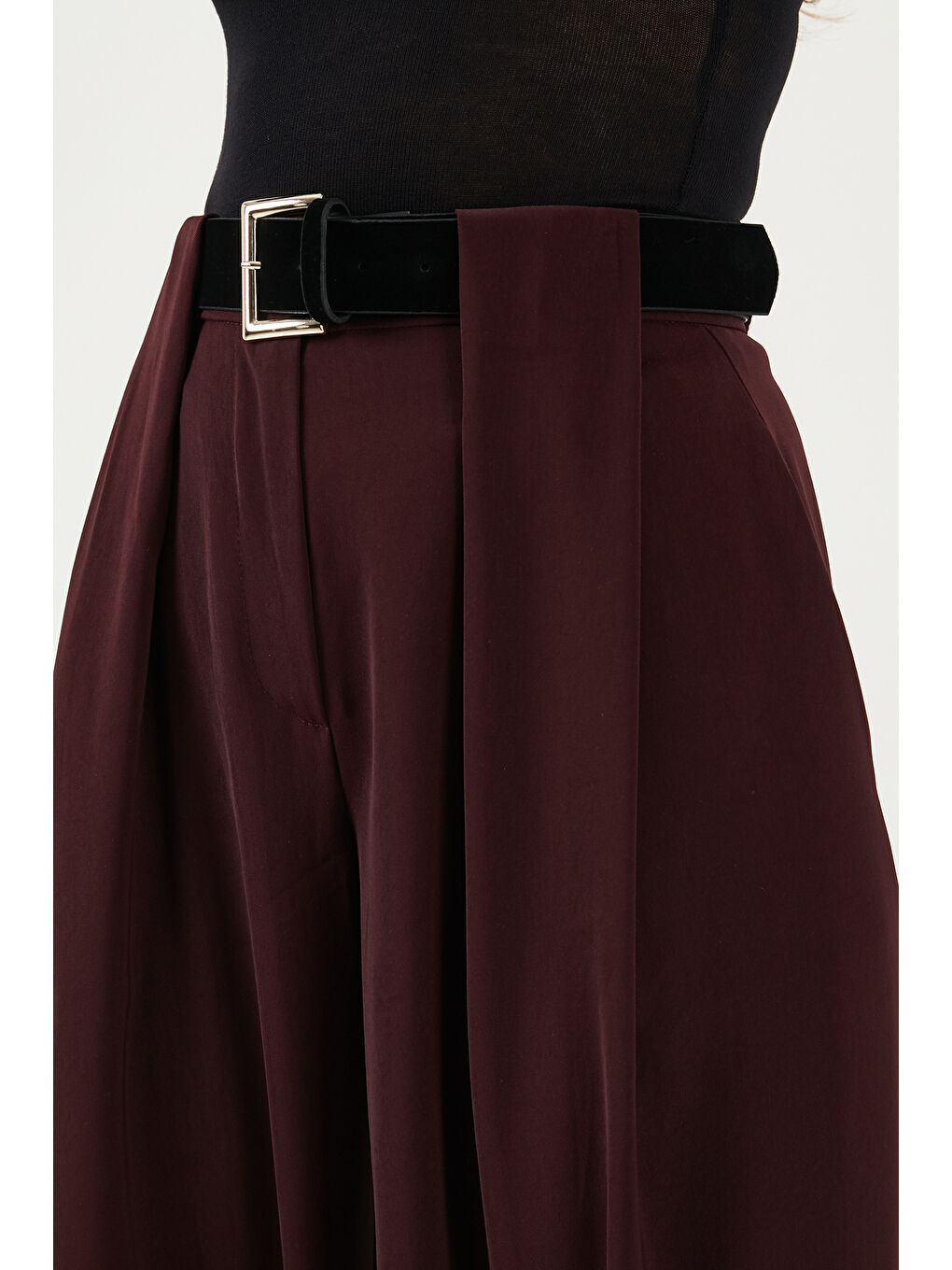 Mürdüm Wide Leg Yüksek Bel Bol Paça Kemer Detaylı Kadın Pantolon 6923855-4