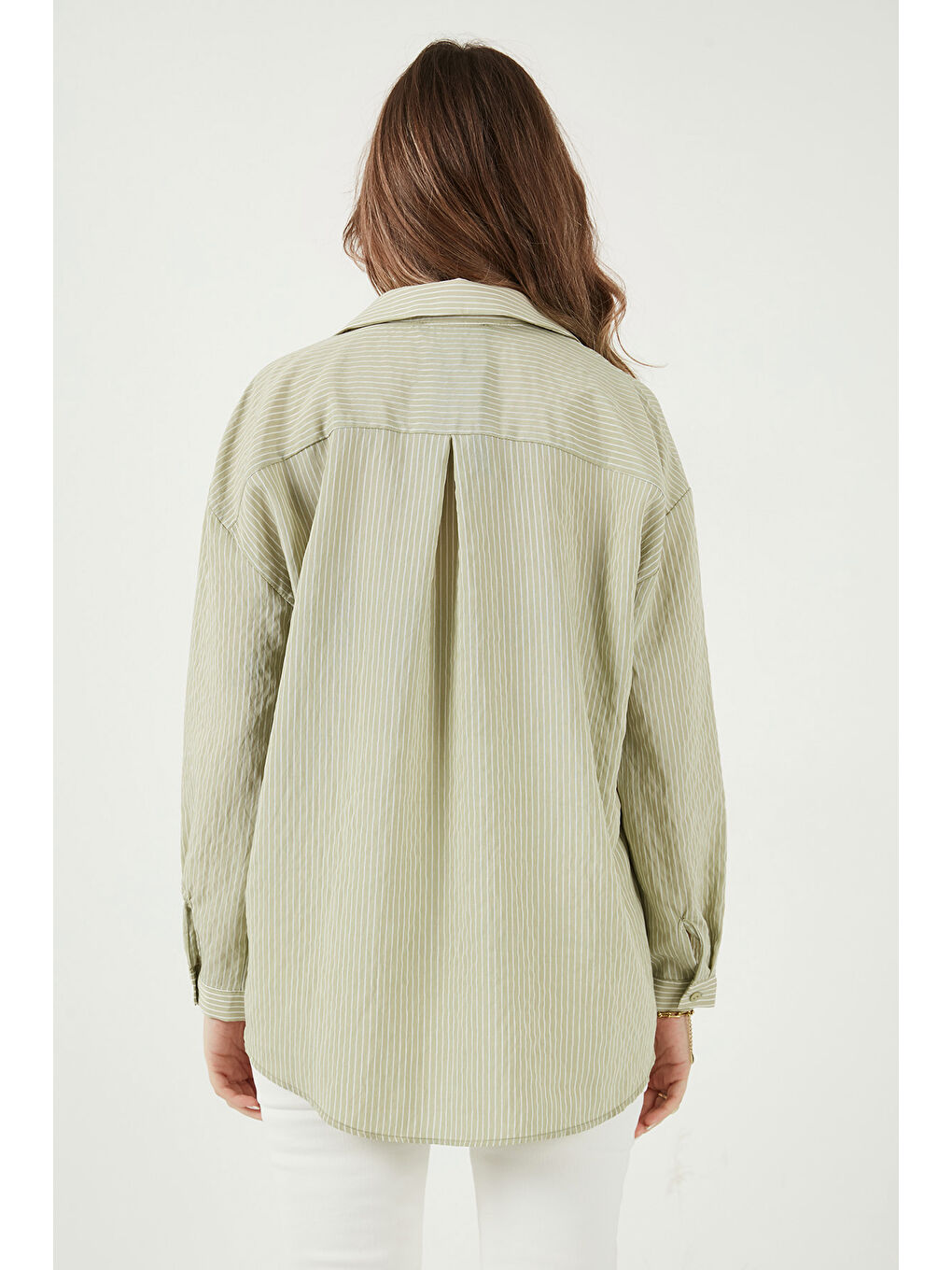 Yeşil Çizgili Oversize Fit Klasik Yaka Uzun Kollu Kadın Gömlek 6925437-6