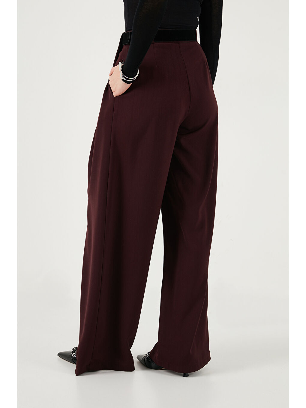 Mürdüm Wide Leg Yüksek Bel Bol Paça Kemer Detaylı Kadın Pantolon 6923855-5