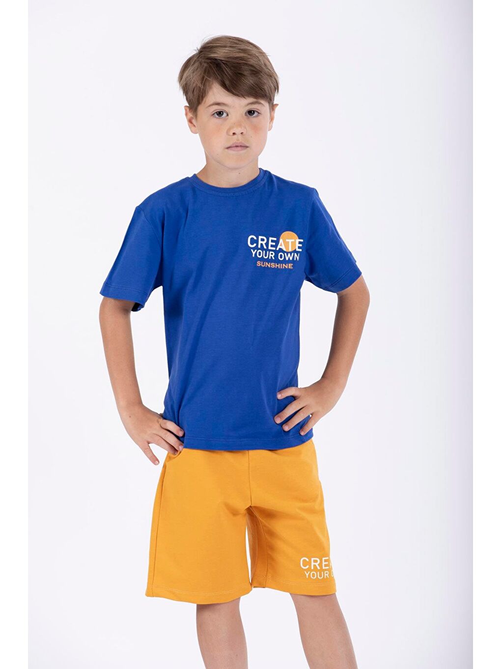 Mavi Yazı Baskılı Saks Renk Erkek Çocuk Kaprili Takım-1