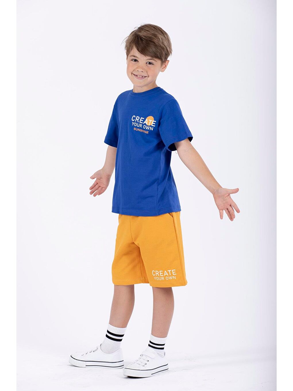 Mavi Yazı Baskılı Saks Renk Erkek Çocuk Kaprili Takım-3