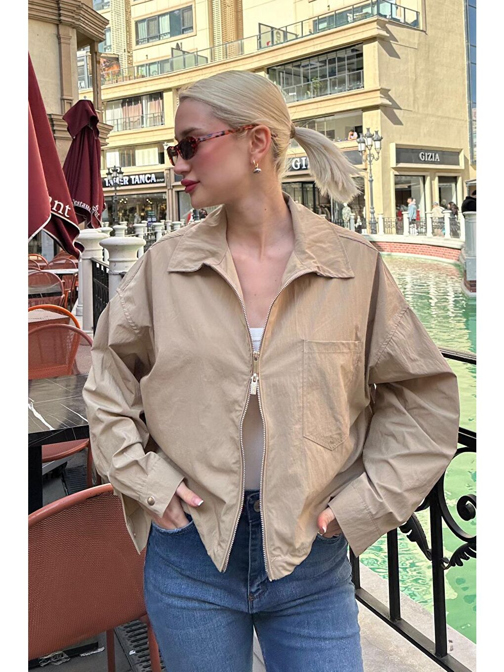 Kahverengi Camel Fermuarlı Cep Detaylı Oversize Kadın Ceket Mg2188