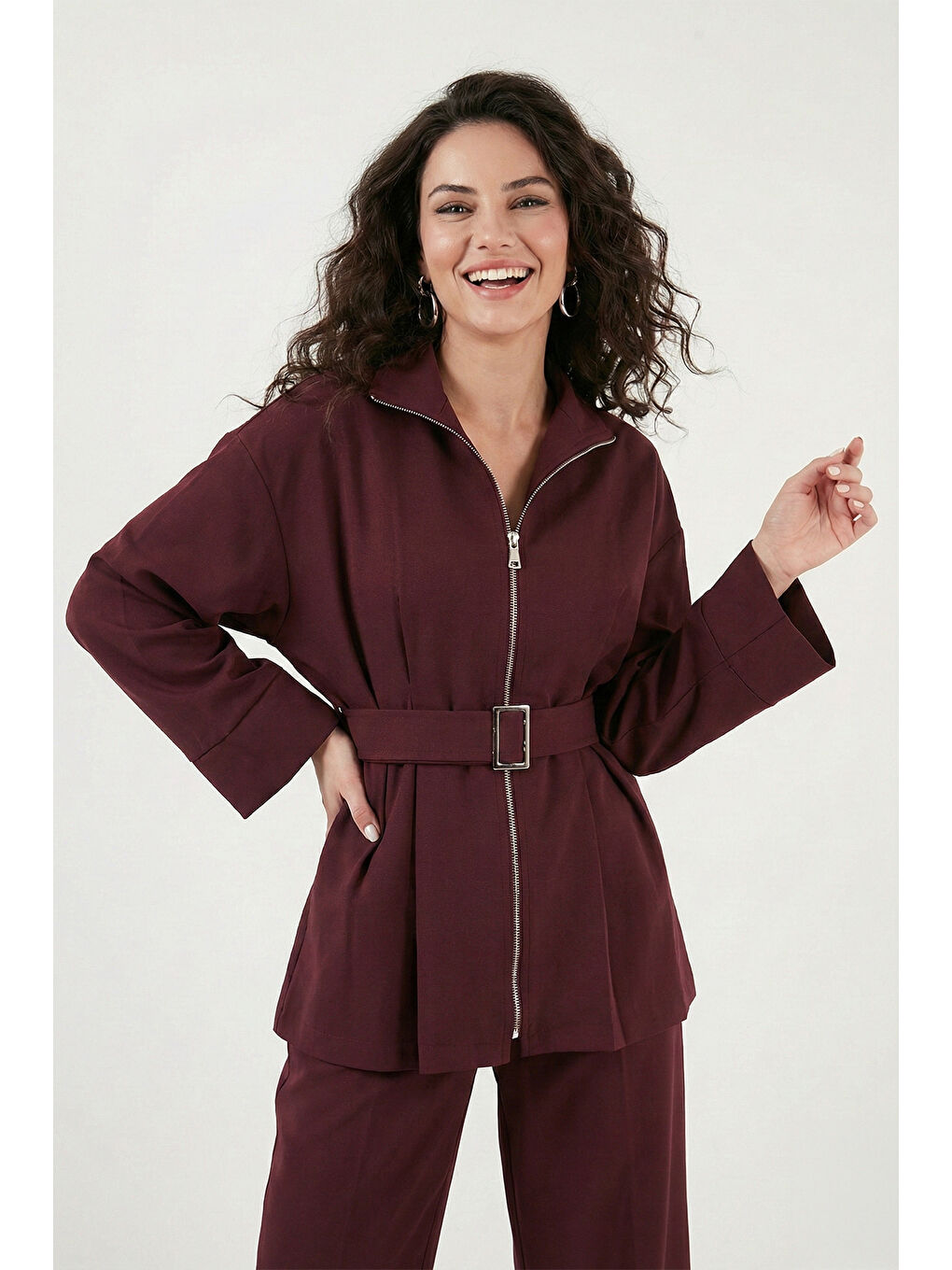 Bordo Regular Fit Kemer Detaylı Fermuarlı Geniş Paçalı Kadın Takım 6928879-3