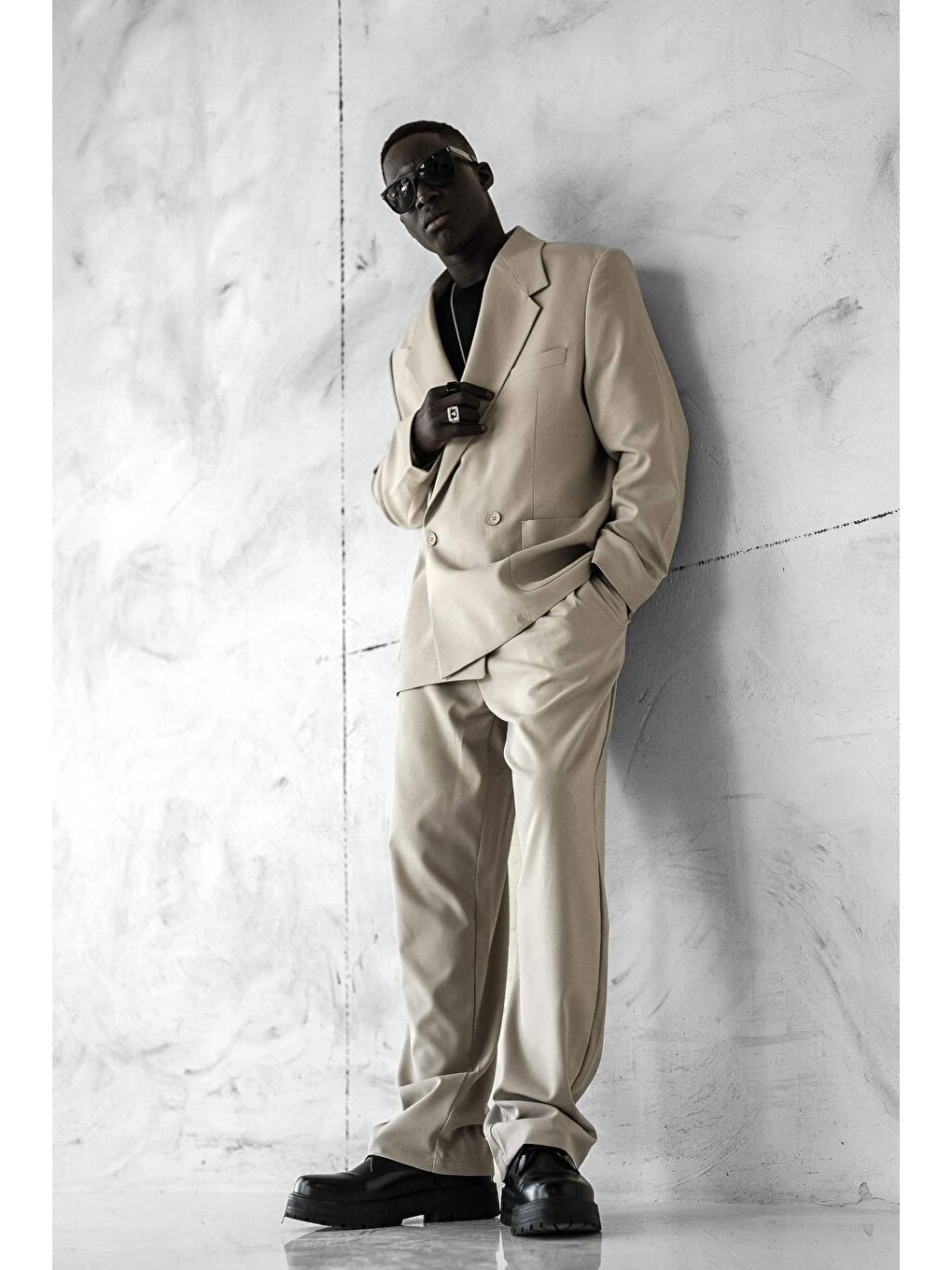 Erkek Kruvaze Düğmeli Oversize Takım Elbise Bej-1