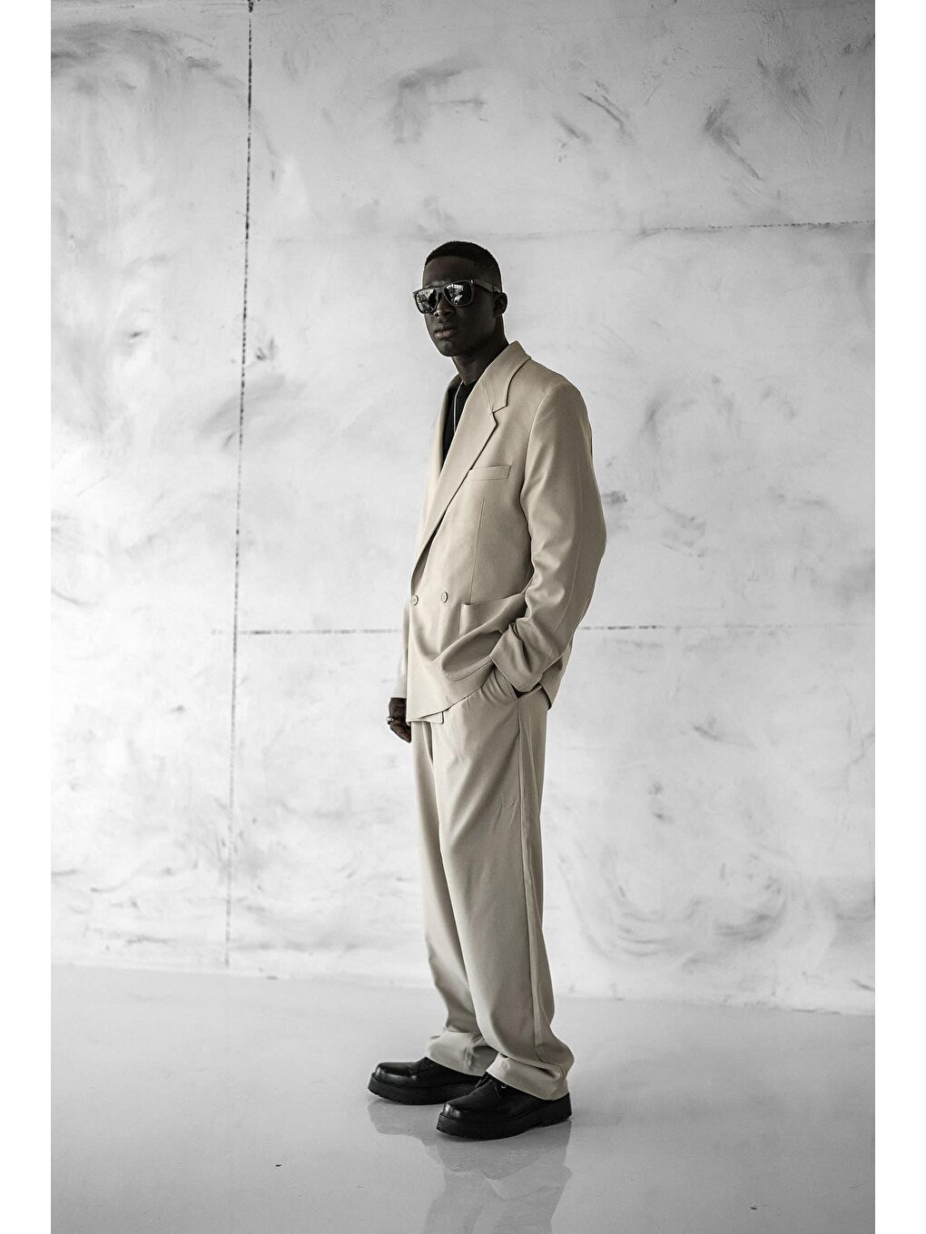 Erkek Kruvaze Düğmeli Oversize Takım Elbise Bej-2