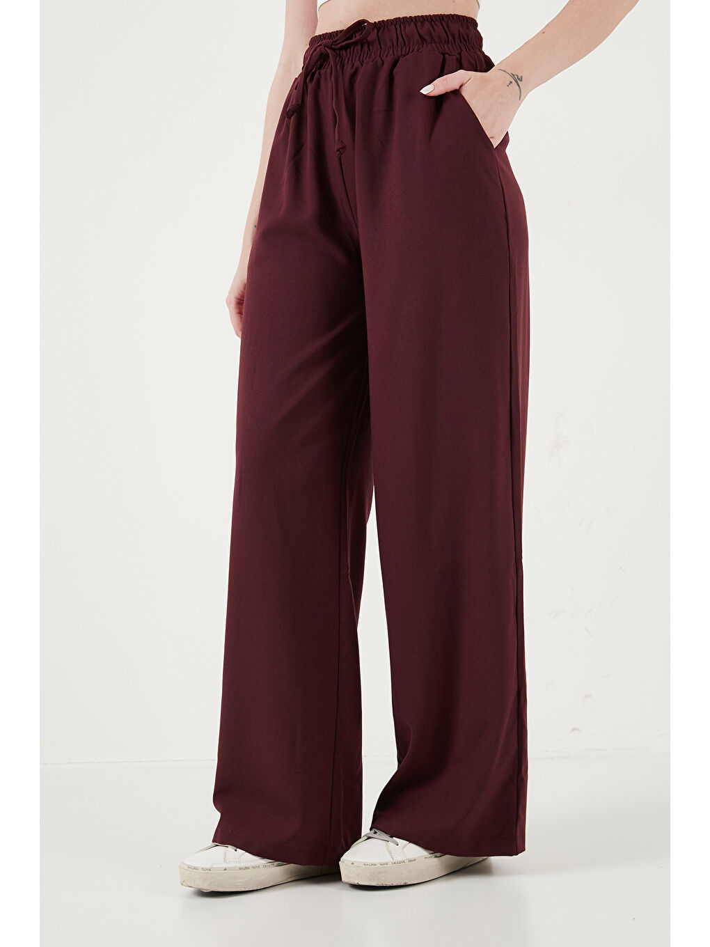 Bordo Regular Fit Kemer Detaylı Fermuarlı Geniş Paçalı Kadın Takım 6928879-4