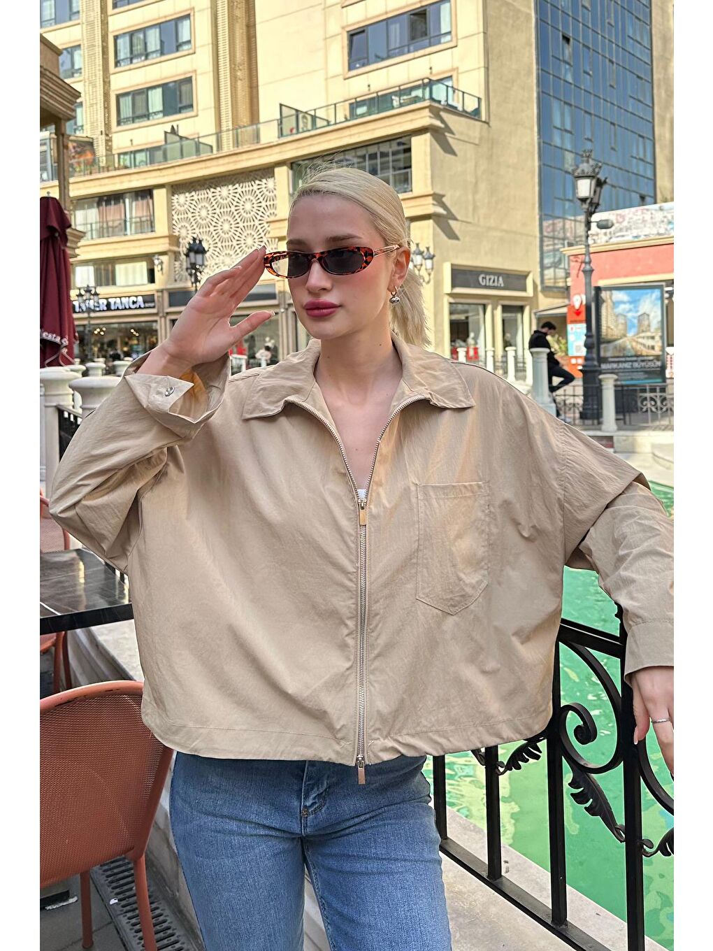 Kahverengi Camel Fermuarlı Cep Detaylı Oversize Kadın Ceket Mg2188-1