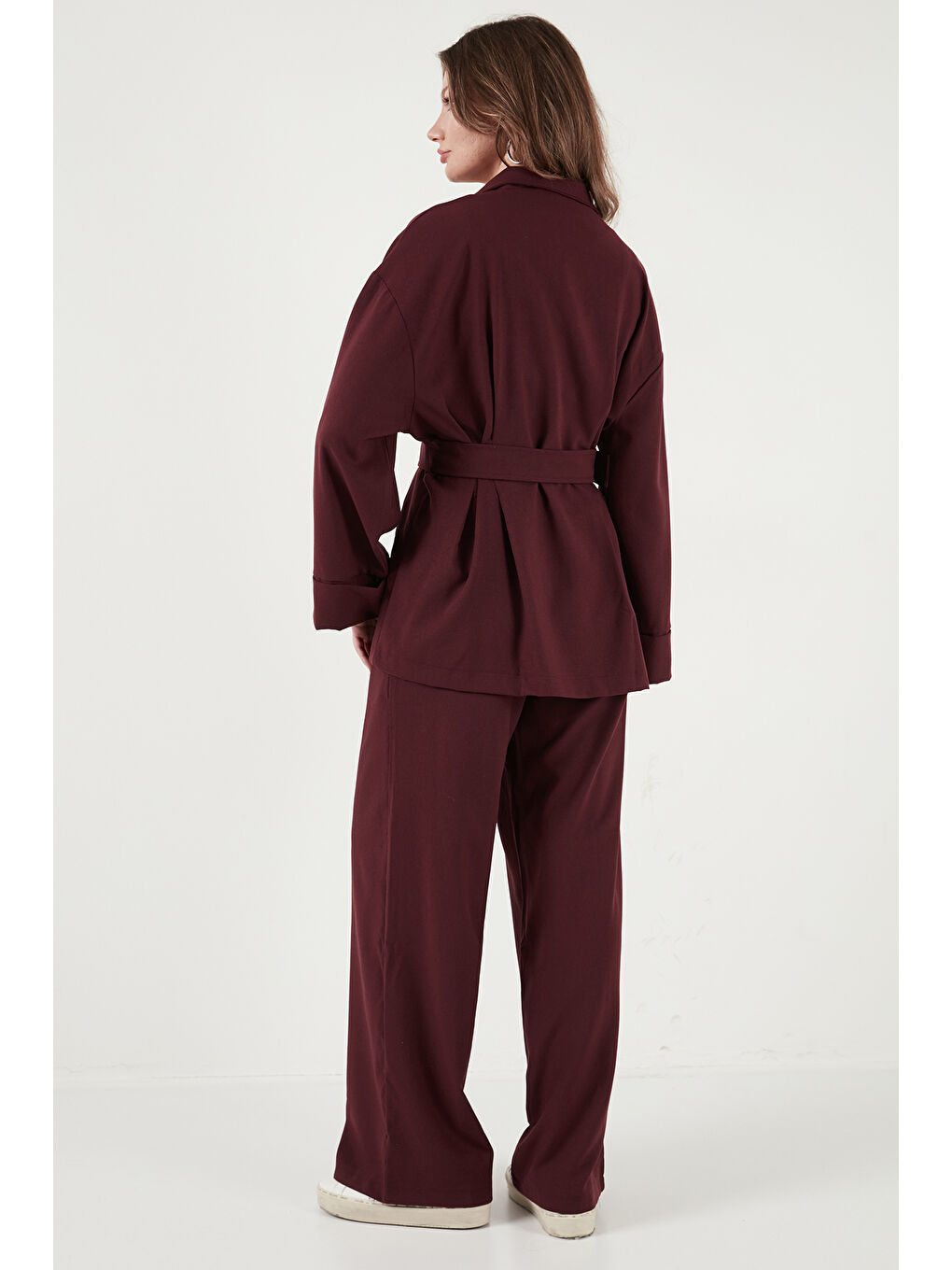 Bordo Regular Fit Kemer Detaylı Fermuarlı Geniş Paçalı Kadın Takım 6928879-6