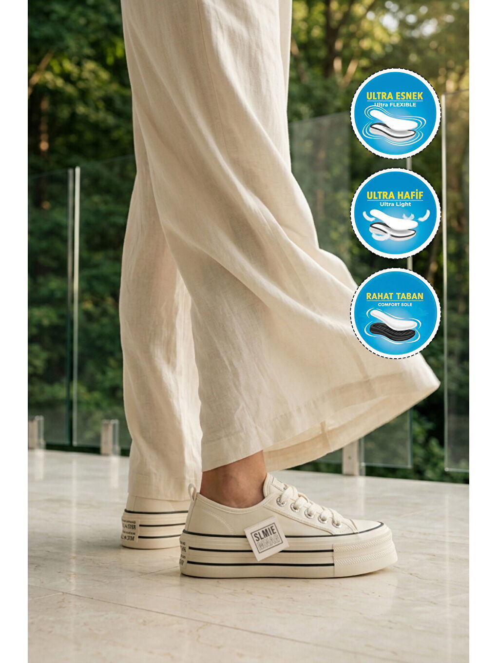 Bej Keten Hafif Bağcıklı Kadın Casual Ayakkabı 2011 G-2