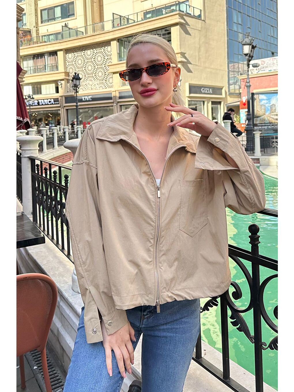 Kahverengi Camel Fermuarlı Cep Detaylı Oversize Kadın Ceket Mg2188-2