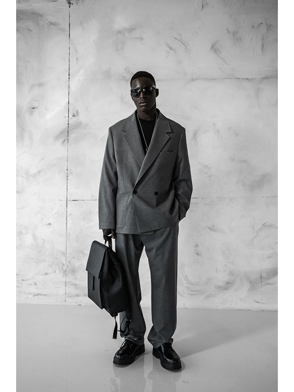 Erkek Kruvaze Düğmeli Oversize Takım Elbise Gri