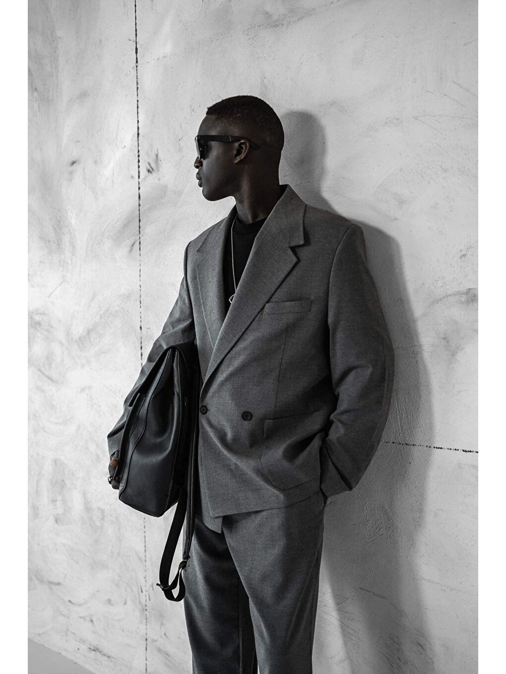 Erkek Kruvaze Düğmeli Oversize Takım Elbise Gri-1