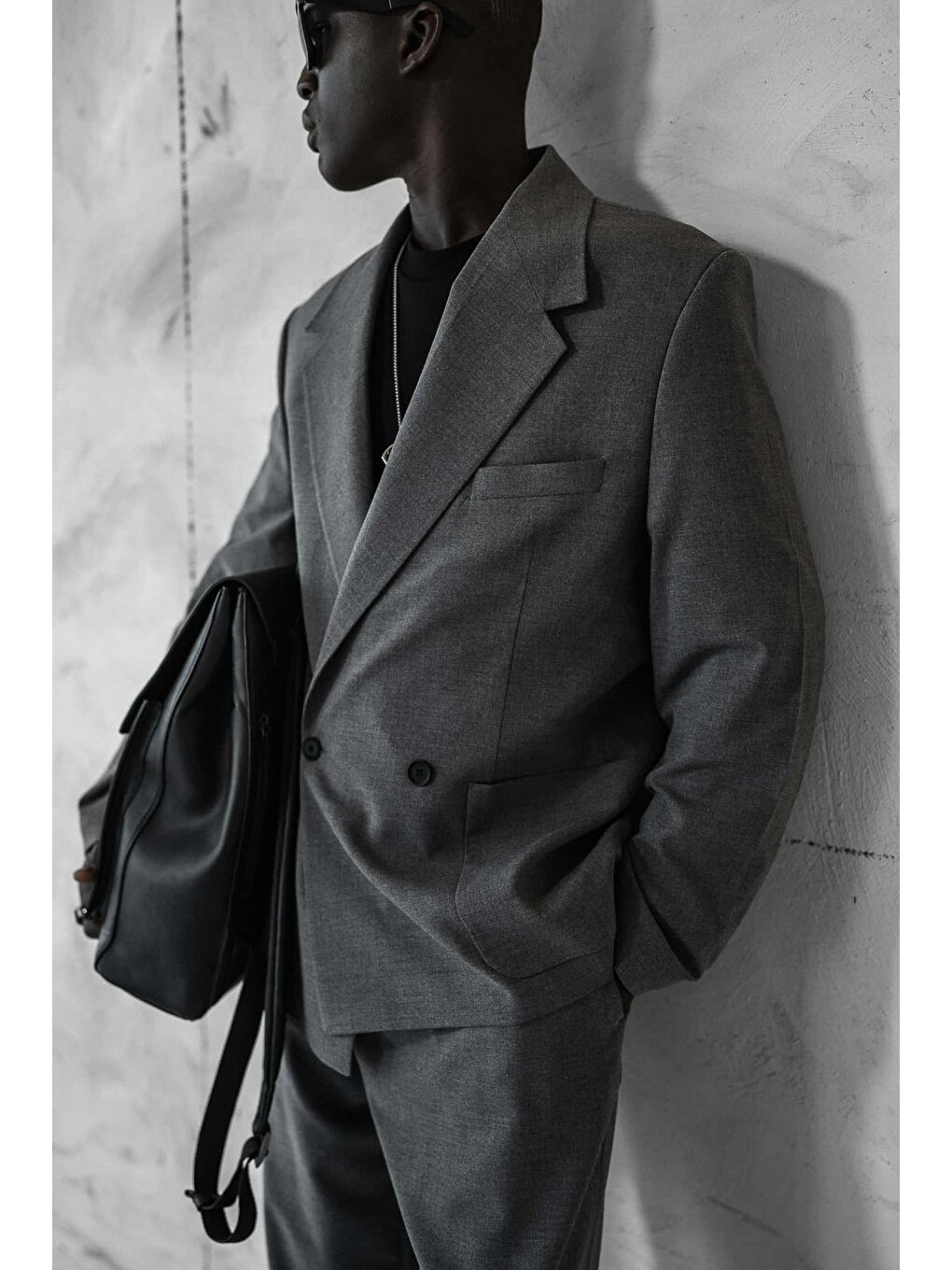 Erkek Kruvaze Düğmeli Oversize Takım Elbise Gri-2