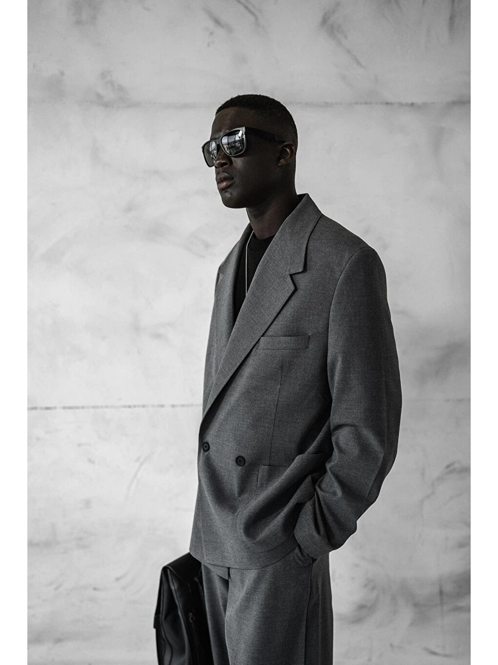 Erkek Kruvaze Düğmeli Oversize Takım Elbise Gri-3