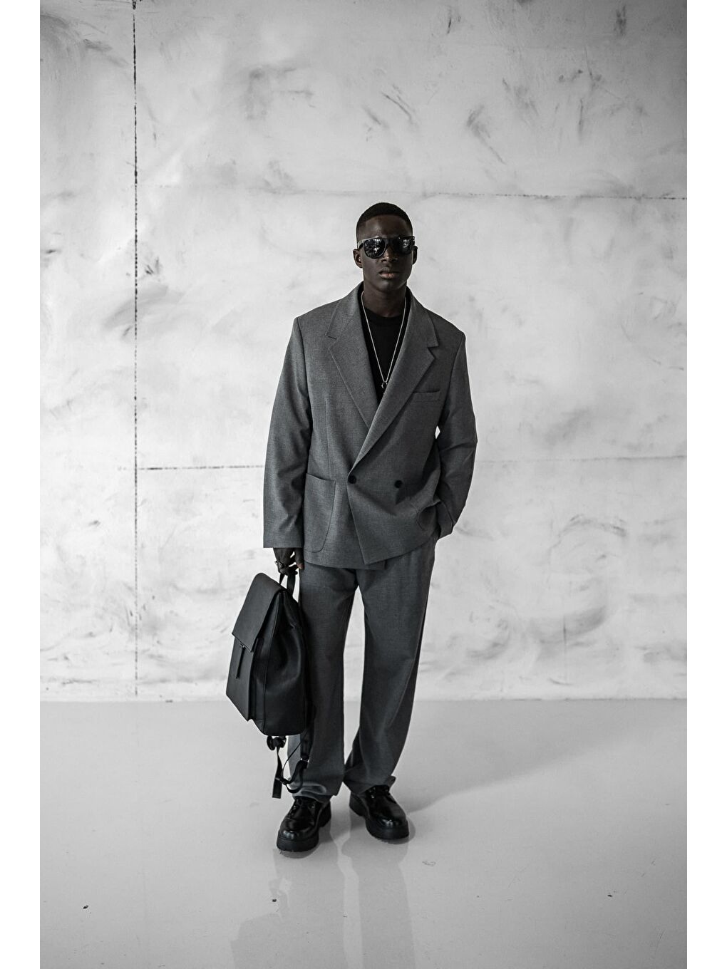 Erkek Kruvaze Düğmeli Oversize Takım Elbise Gri-4