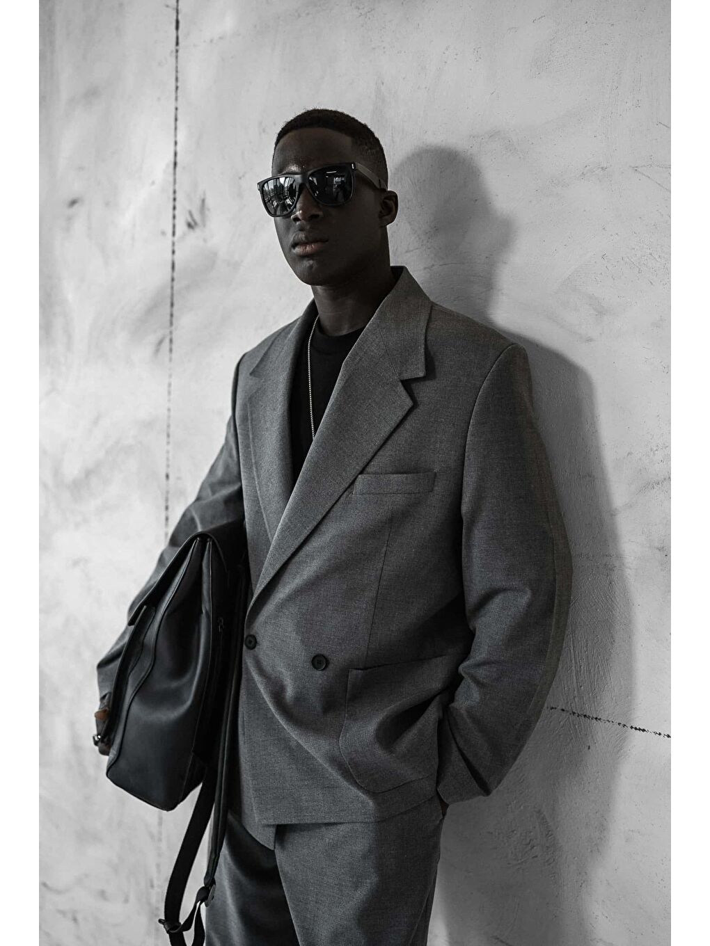 Erkek Kruvaze Düğmeli Oversize Takım Elbise Gri-5