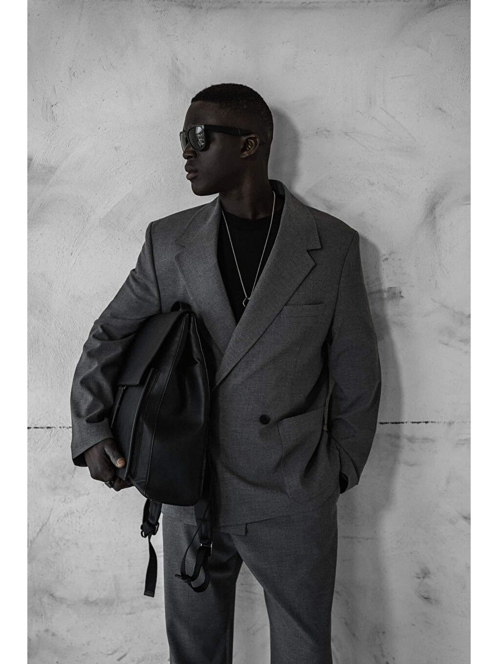 Erkek Kruvaze Düğmeli Oversize Takım Elbise Gri-6